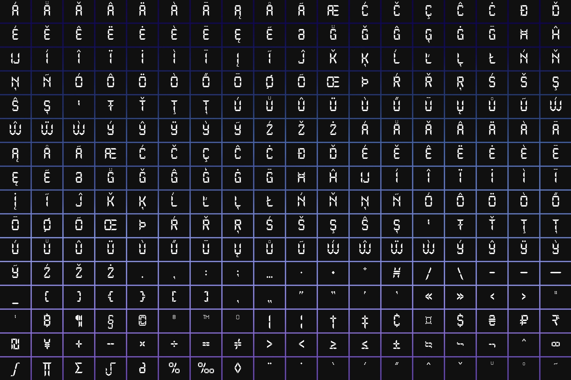 Glyph font character map showing full Unicode set with white symbols on black grid with blue dividers