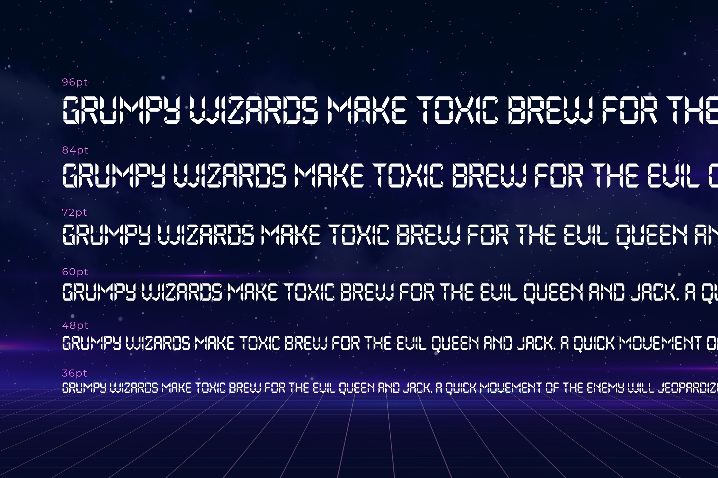 Sci-fi font display showing multiple sizes of glitchy digital typeface over starry night sky