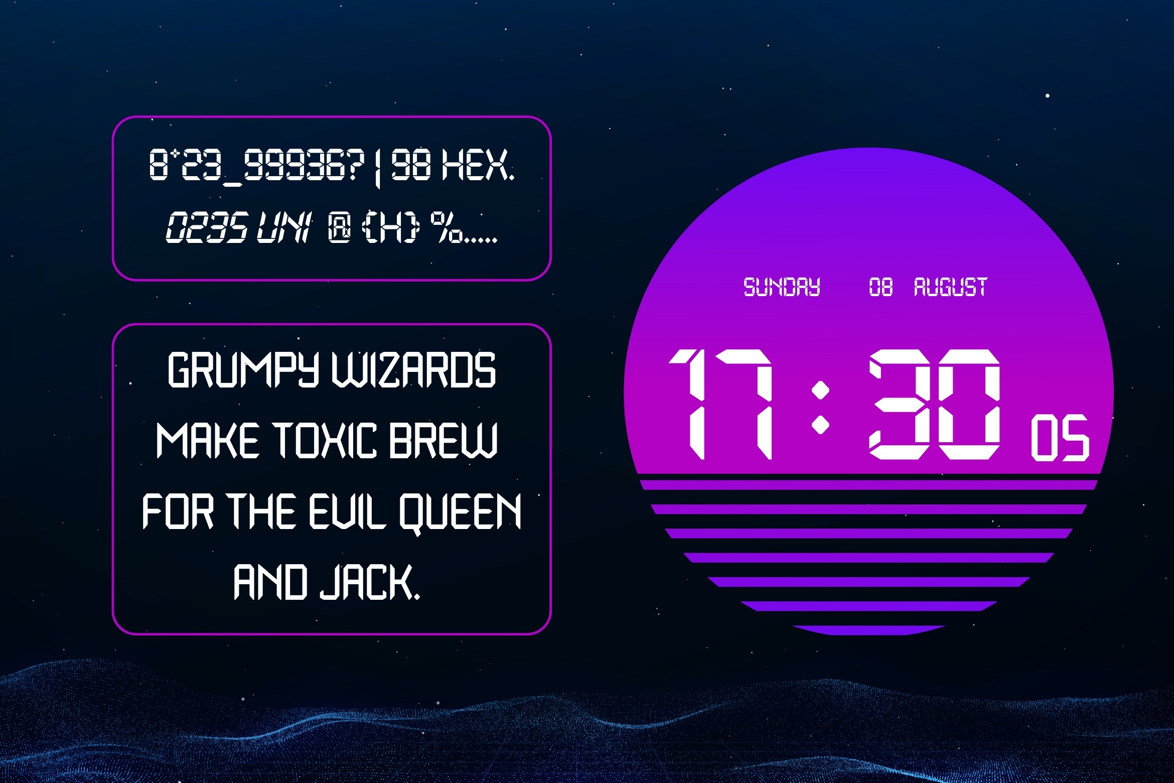 Retro synthwave scene with neon pink circle displaying digital clock, quirky text boxes on dark starry background