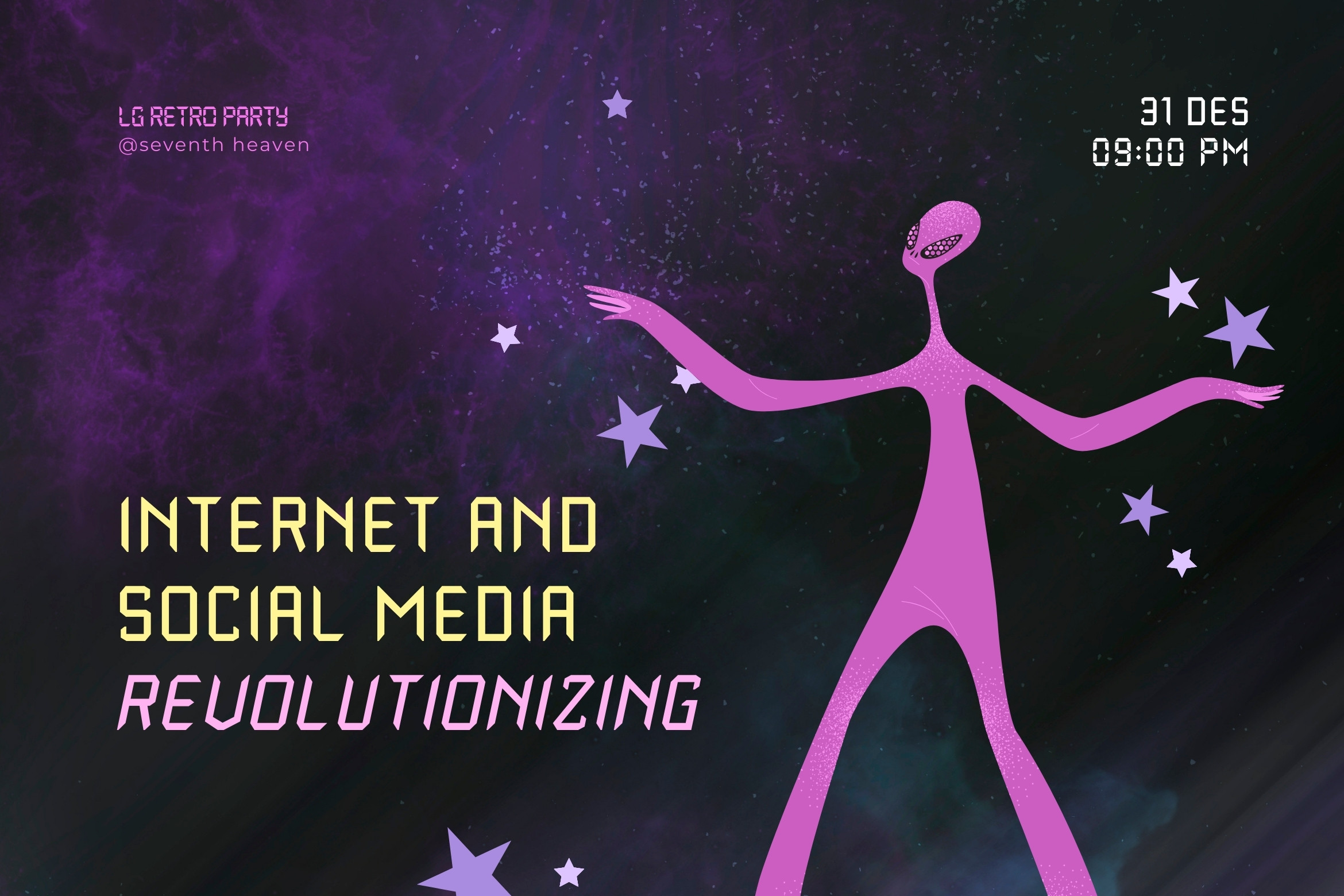 Retro party flyer with neon pink alien figure, purple stars, glitchy y2k vibe against dark cosmos background