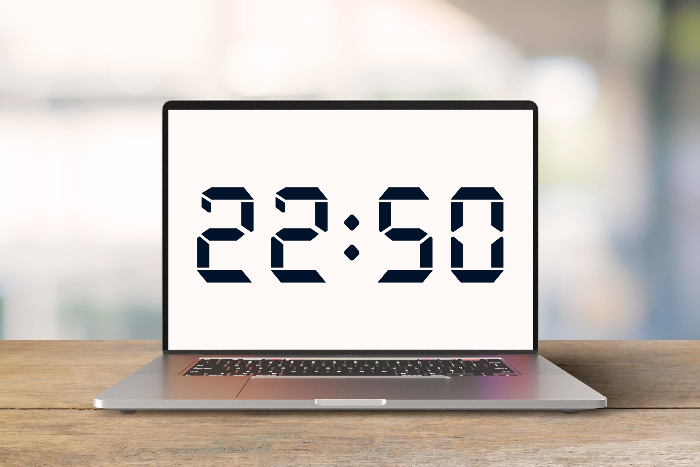 Laptop mockup showing bold digital clock display reading 22:59 on bright screen