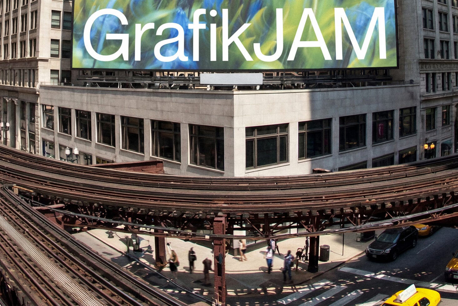 GrafikJAM billboard mockup on Chicago elevated train with urban street below