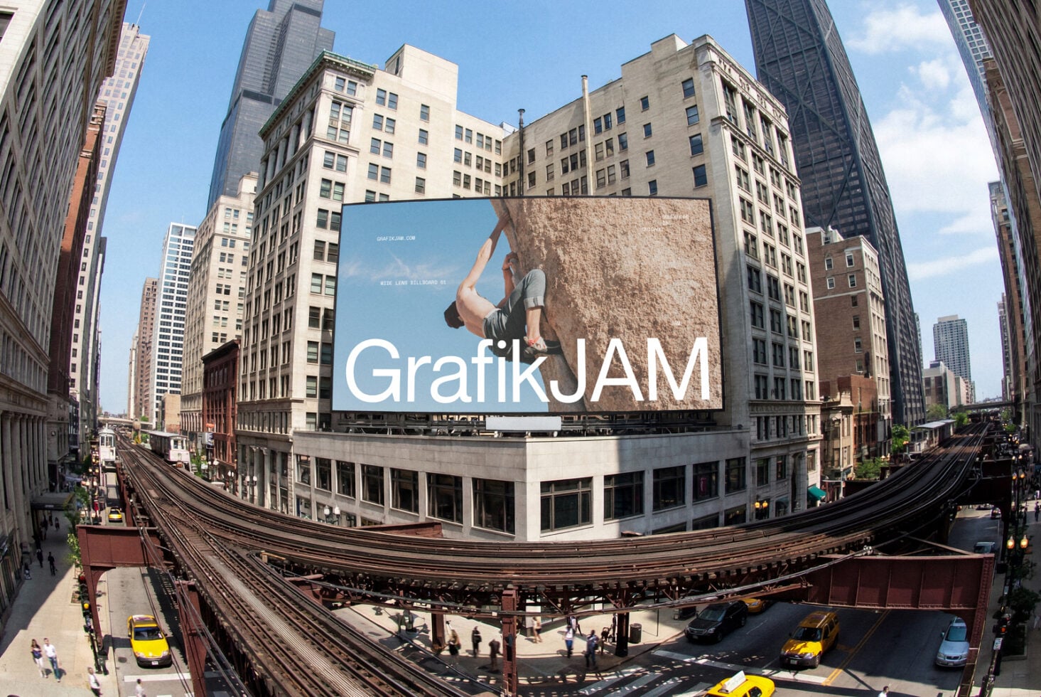 Large billboard mockup showing GrafikJAM branding on Chicago elevated train overpass