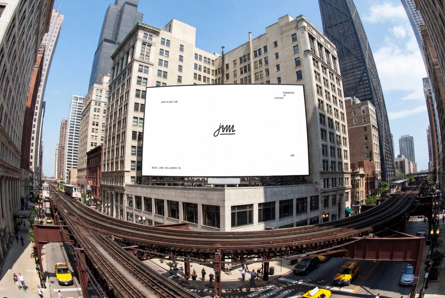 Wide billboard mockup on Chicago street with elevated train, vintage buildings, blue sky