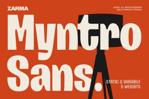 Zarma typeface specimen showing bold sans serif letters in cream on burnt orange, 5 weights available