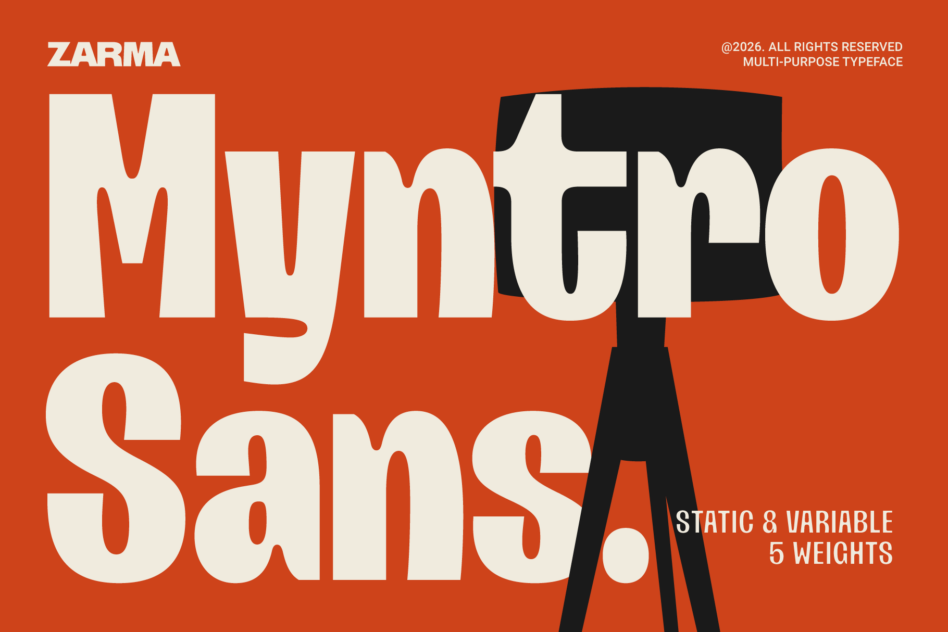 Zarma typeface specimen showing bold sans serif letters in cream on burnt orange, 5 weights available