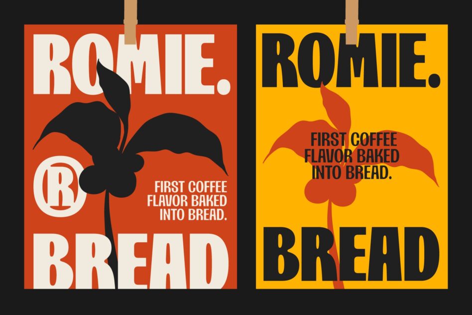 Retro coffee bread packaging mockup in bold red, yellow, black with fleur de lis