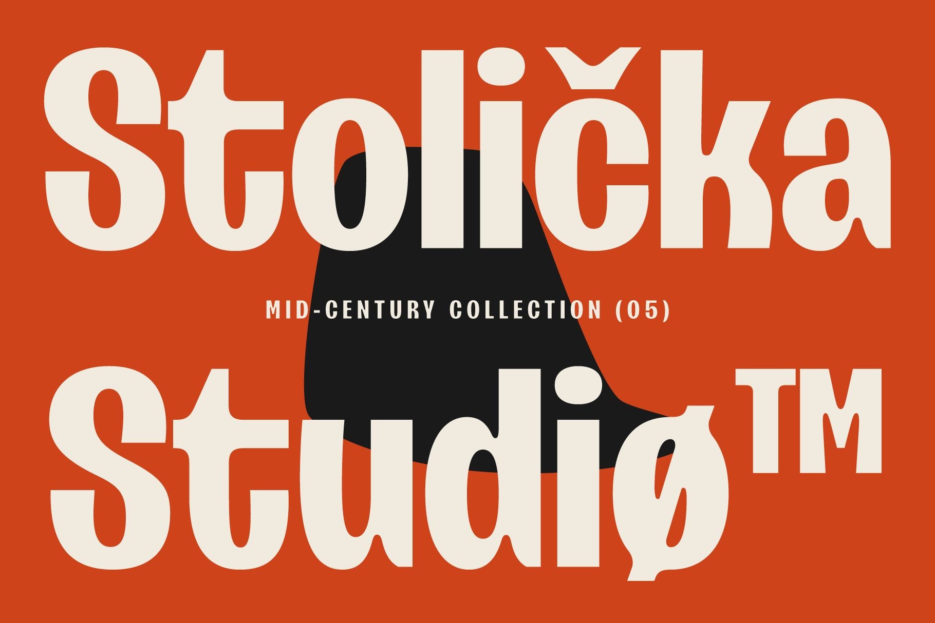 Stolicka Studio mid-century font with cream letters on burnt orange background