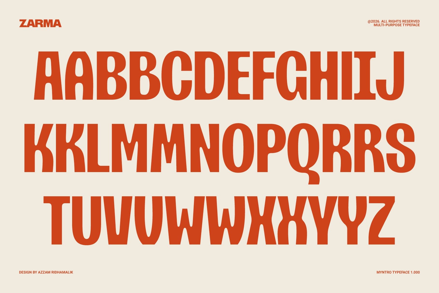 Zarma typeface showing bold red uppercase letters on cream background