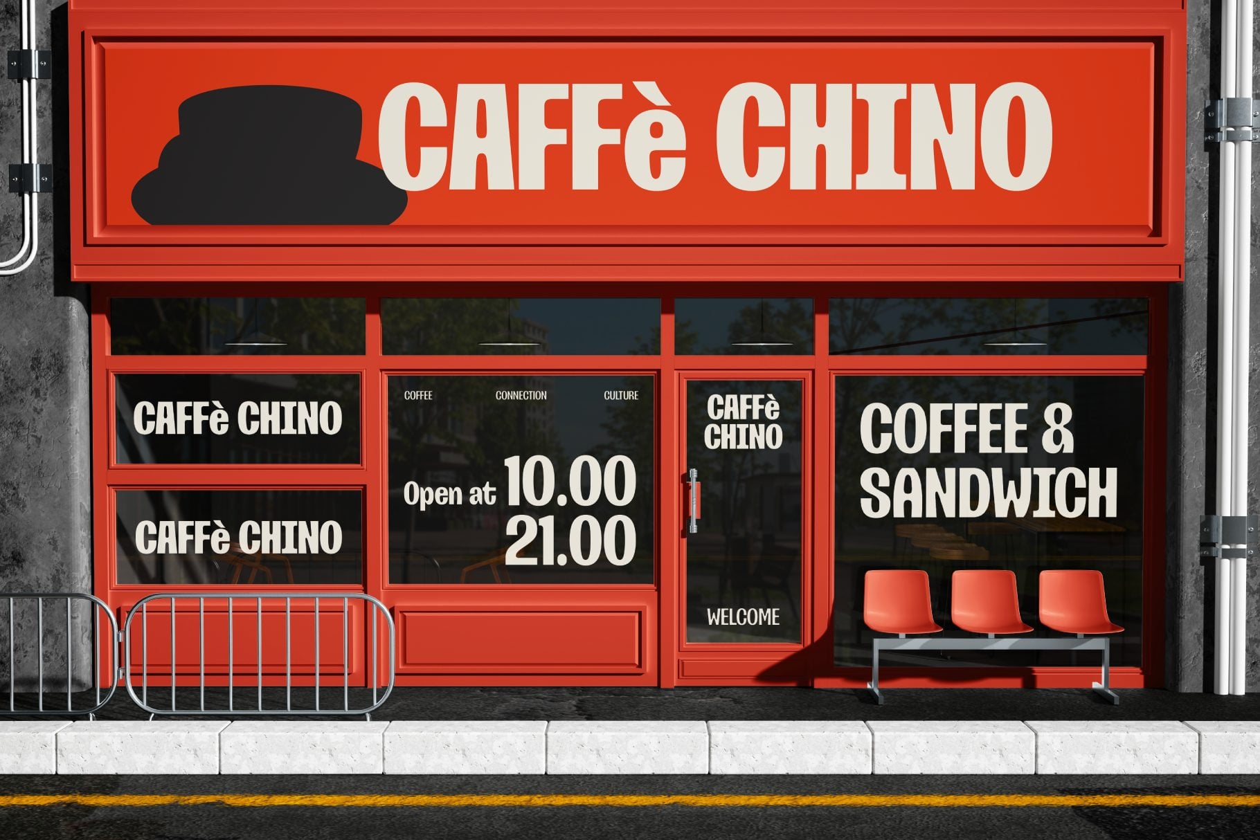 Bright red coffee shop storefront with black hat logo, white typography, hours posted, orange seating visible inside