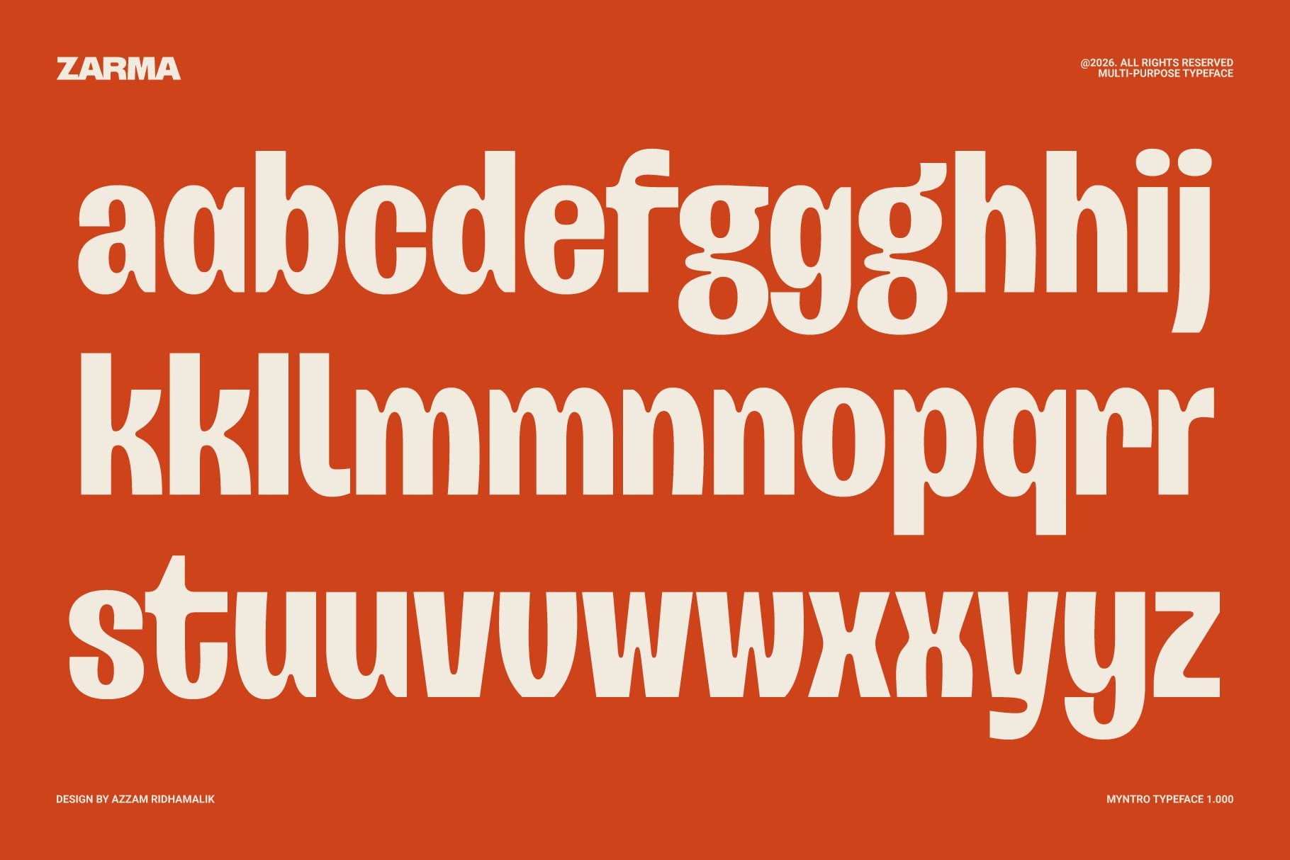Zarma typeface displaying full alphabet in bold white letters on burnt orange background