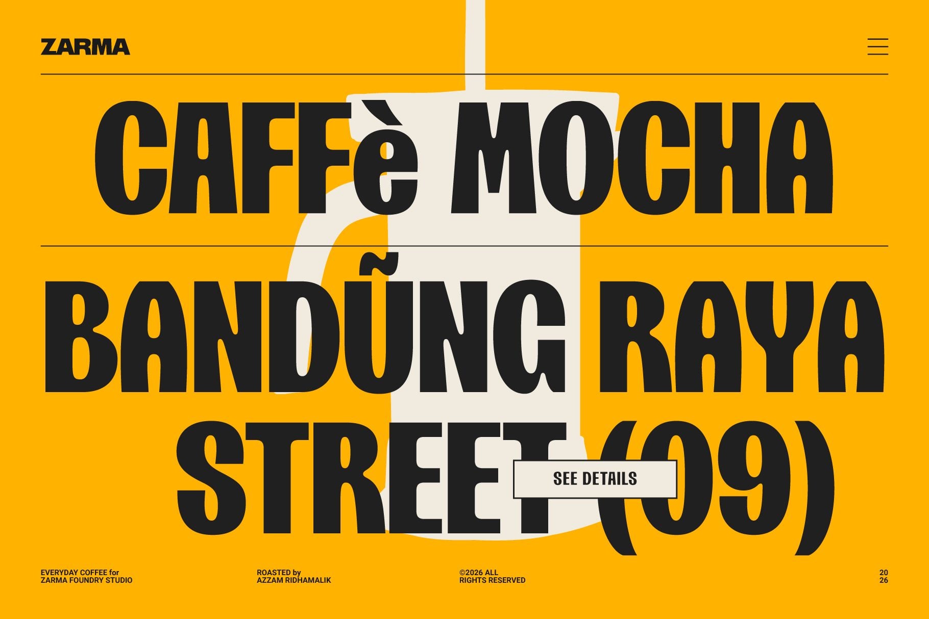 Bold yellow website header with overlapping cream geometric shapes, heavy black typography reading "CAFFè MOCHA BANDUNG RAYA STREET (99)"
