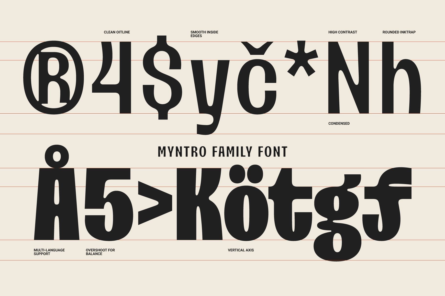 Myntro Family Font specimen showing bold sans-serif typeface with character details labeled