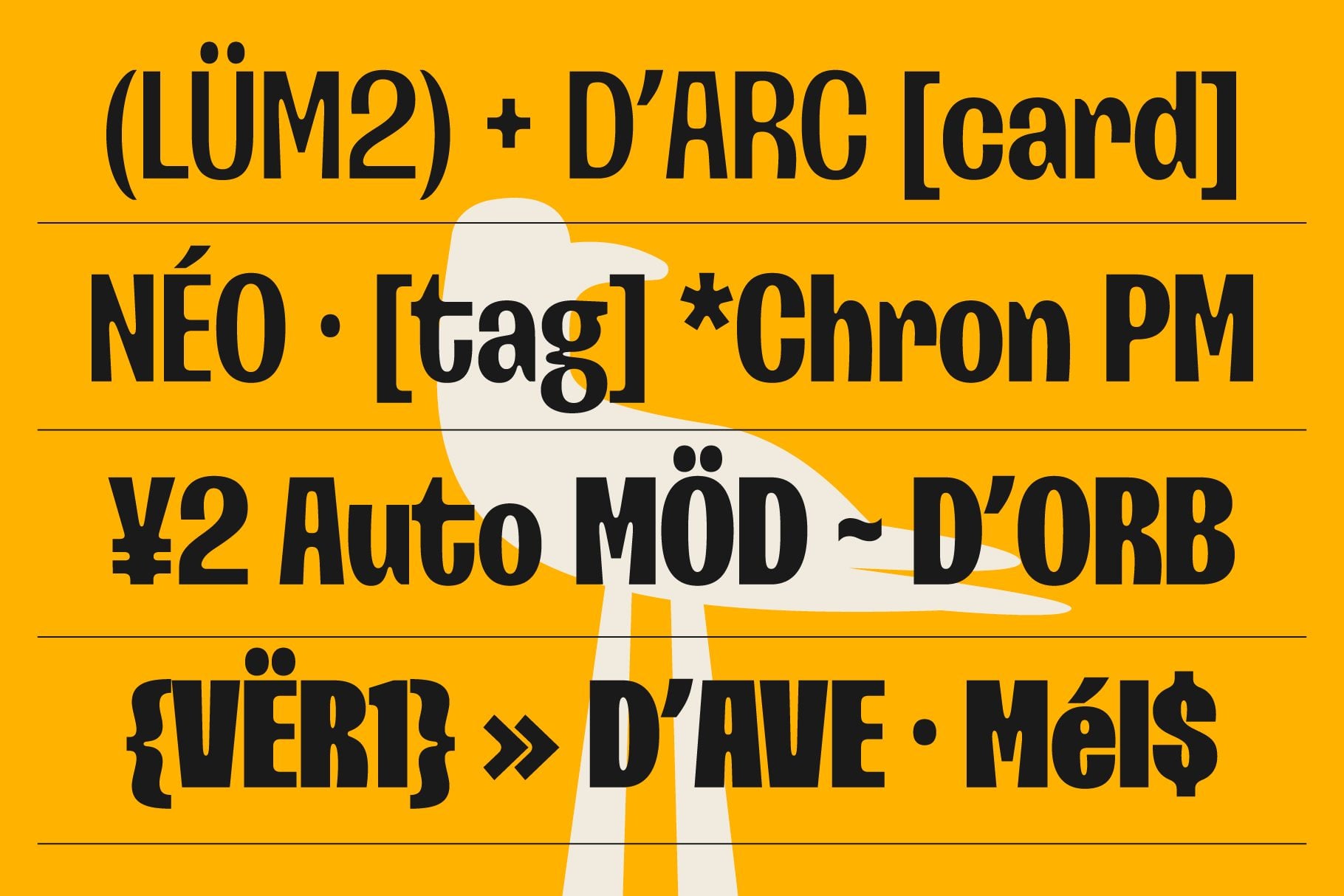 Bold yellow design mockup showing stacked text with coding syntax, geometric white figure overlay