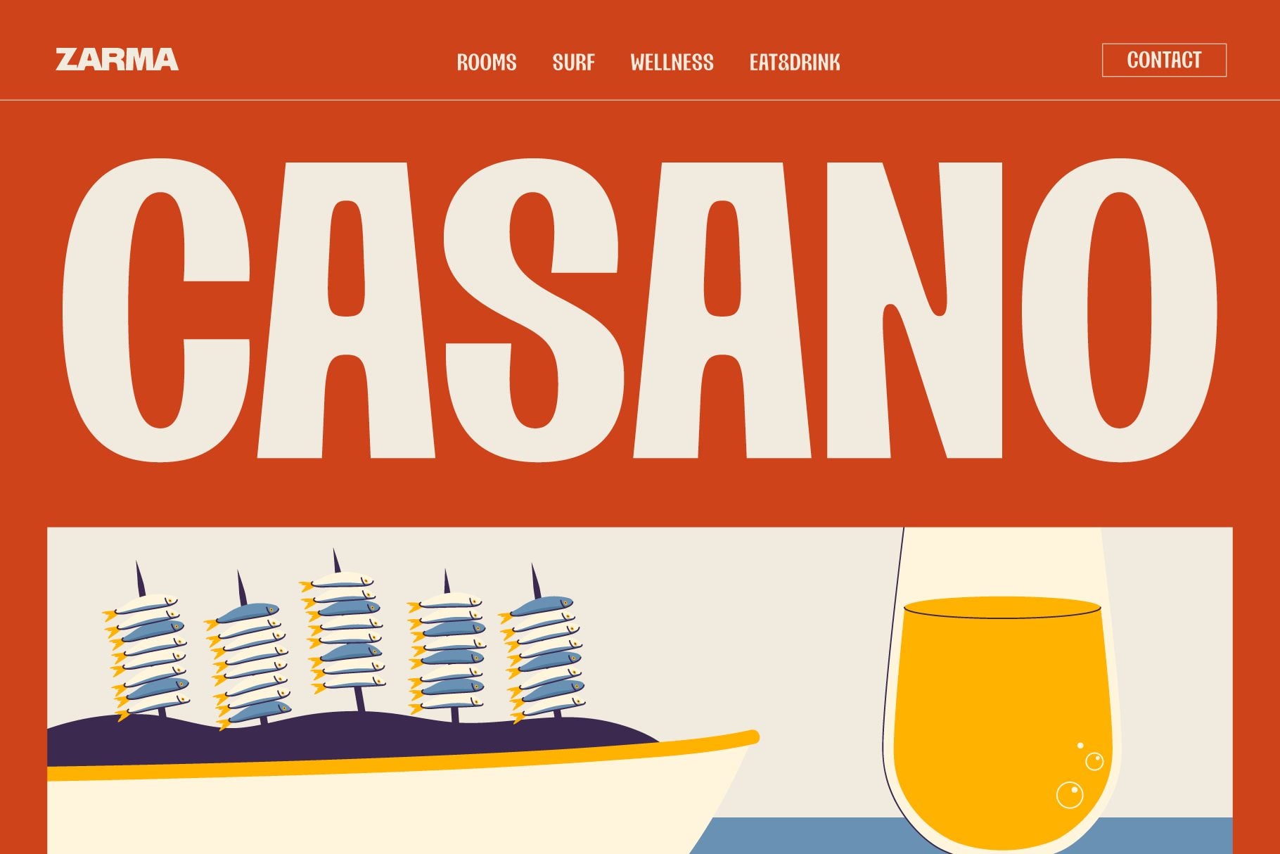 Vibrant orange hotel website header with CASANO text, surf resort buildings, orange drink illustration
