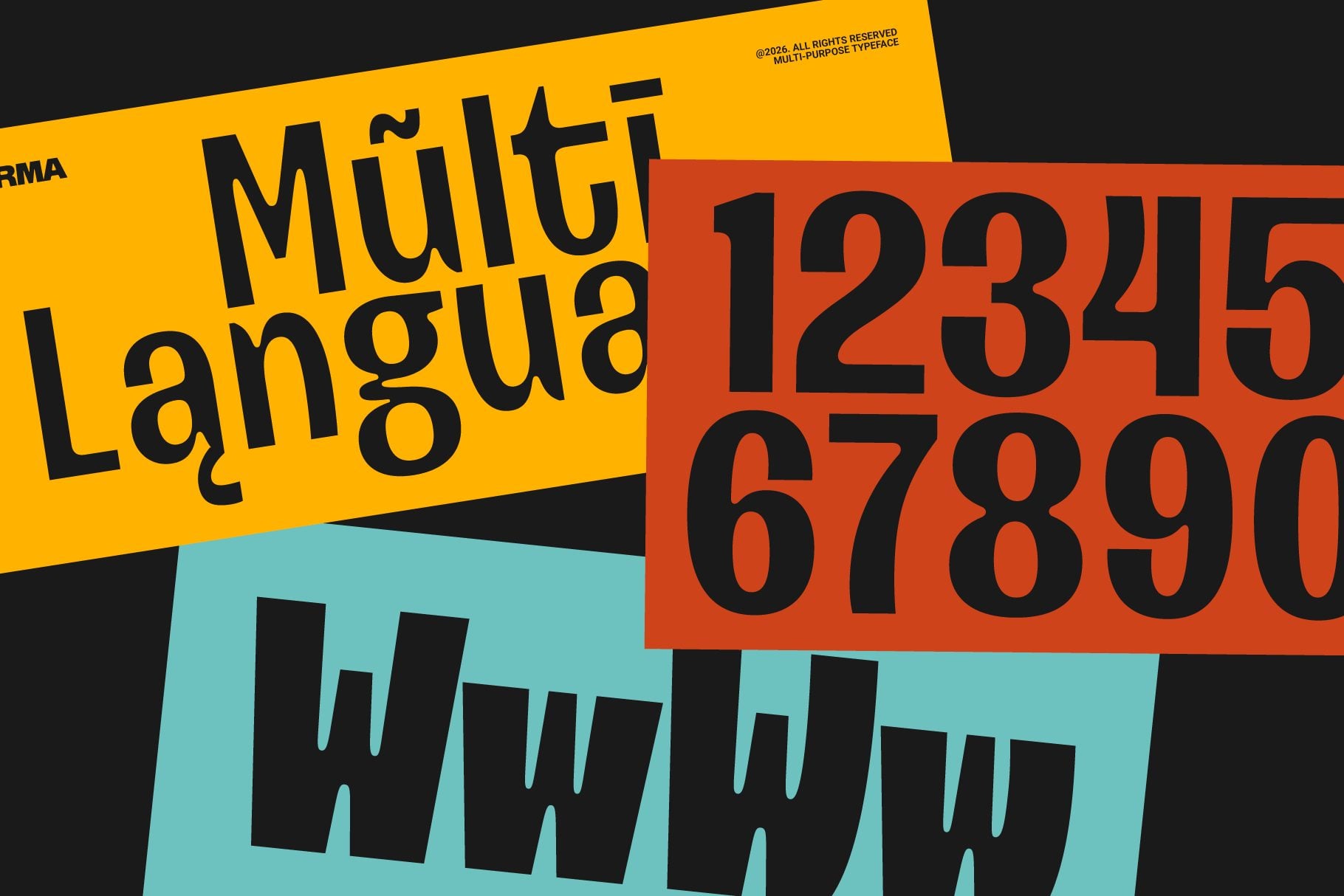 Bold geometric typeface with overlapping yellow, red, turquoise panels showing numbers, letters in black