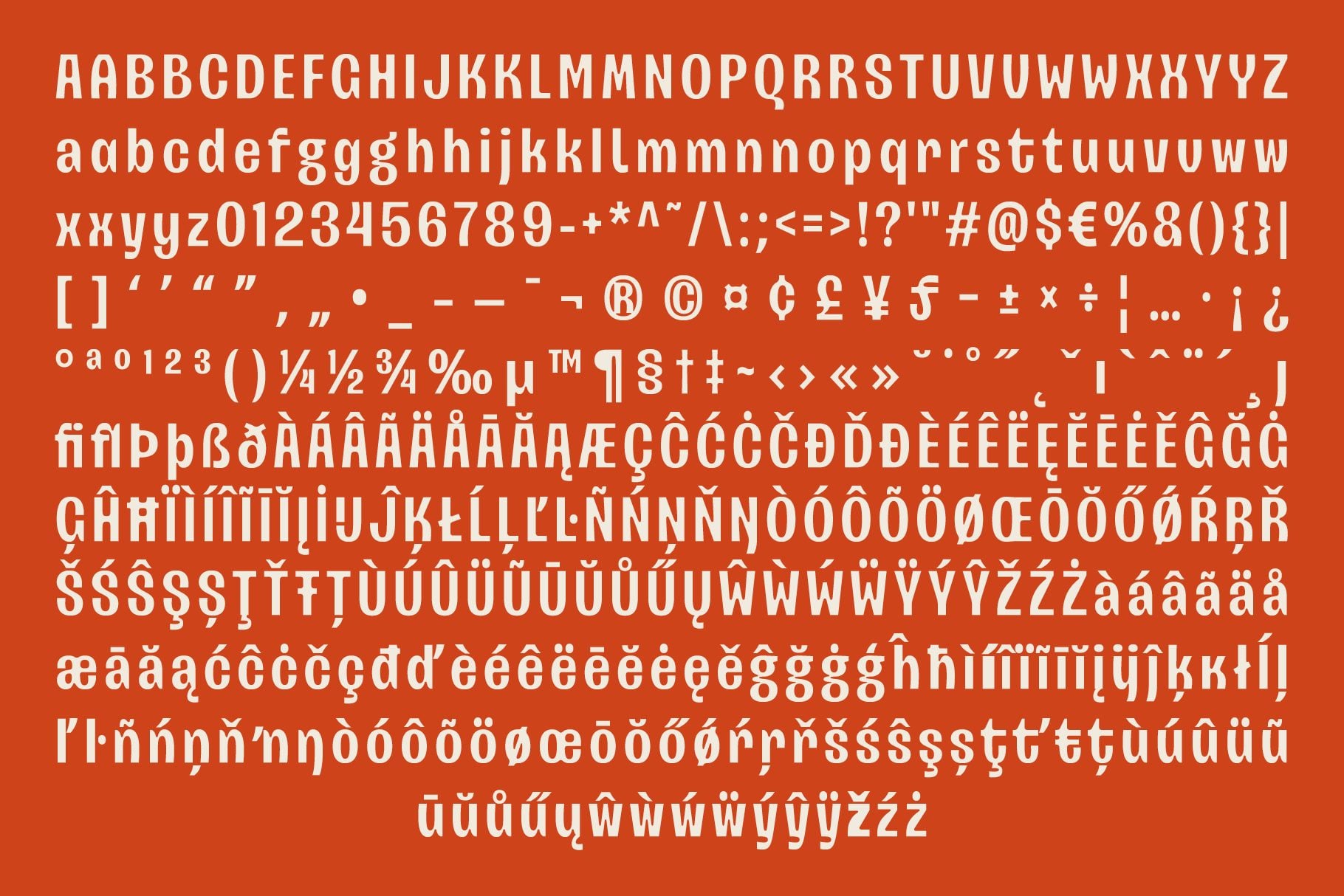 Bold sans serif font with full character set on burnt orange background