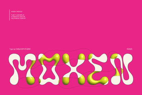 Moen typeface display with chunky liquid forms, lime green spheres, hot pink background