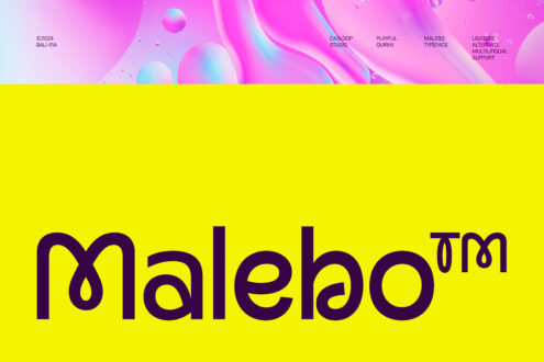 Malebo typeface display showing purple gradient top section, large purple text on bright yellow background