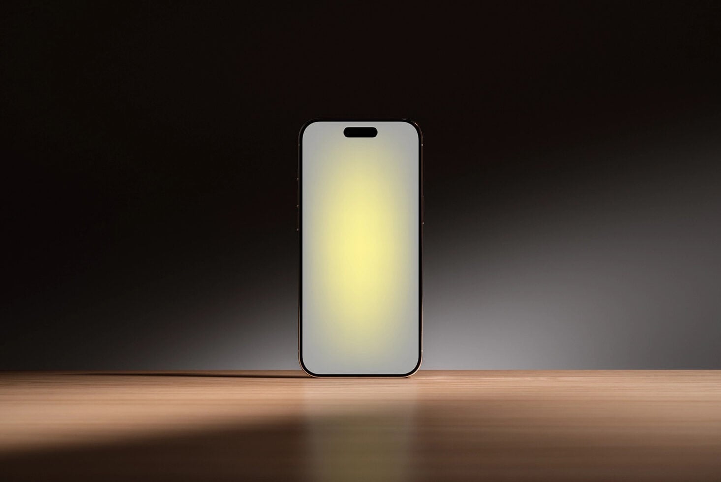iPhone 14 Pro mockup with blank screen on wooden surface, dark studio backdrop