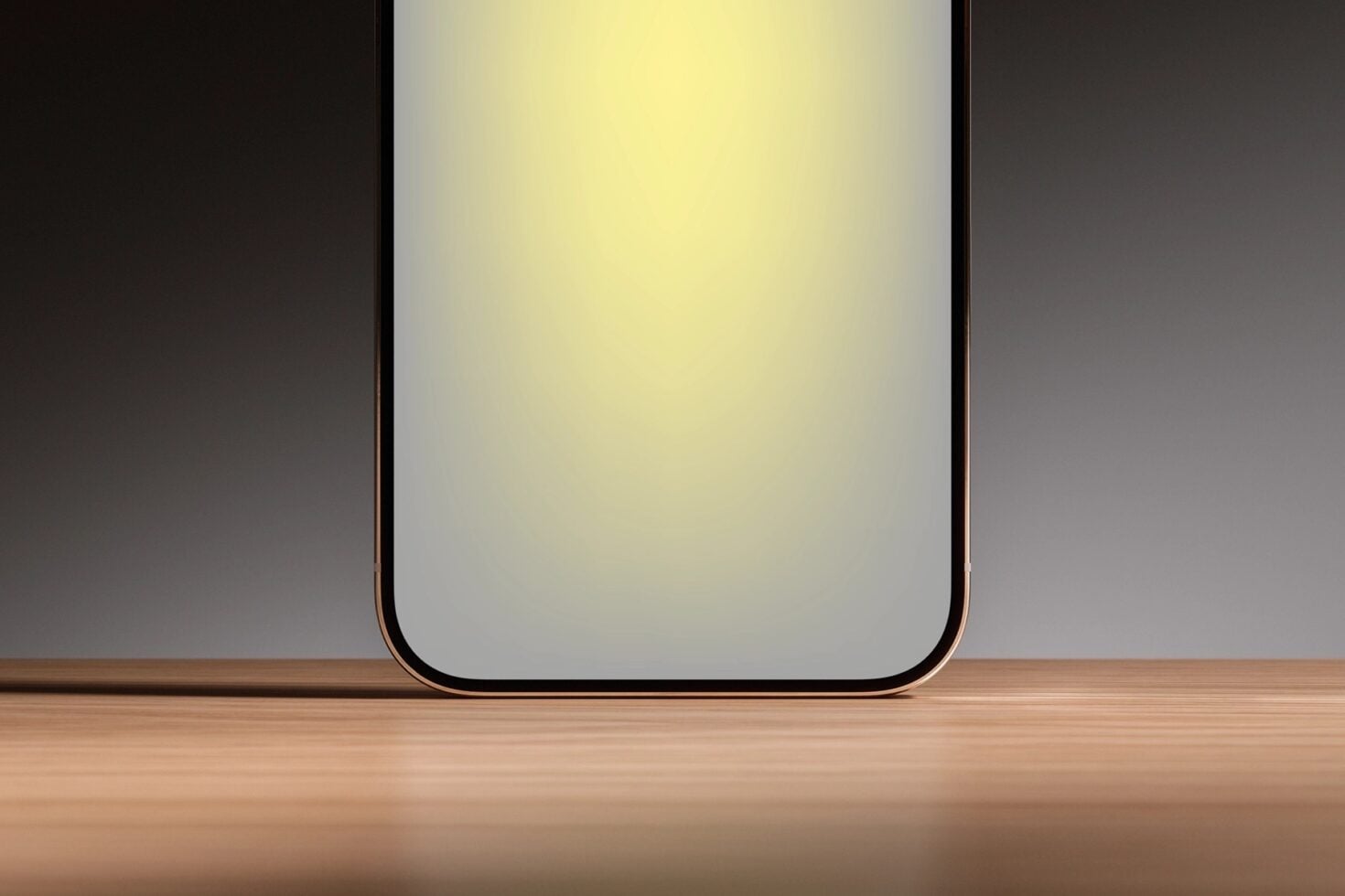 Smartphone mockup with cream screen on wooden surface, dark background