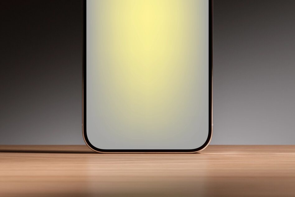 Smartphone mockup with cream screen on wooden surface, dark background