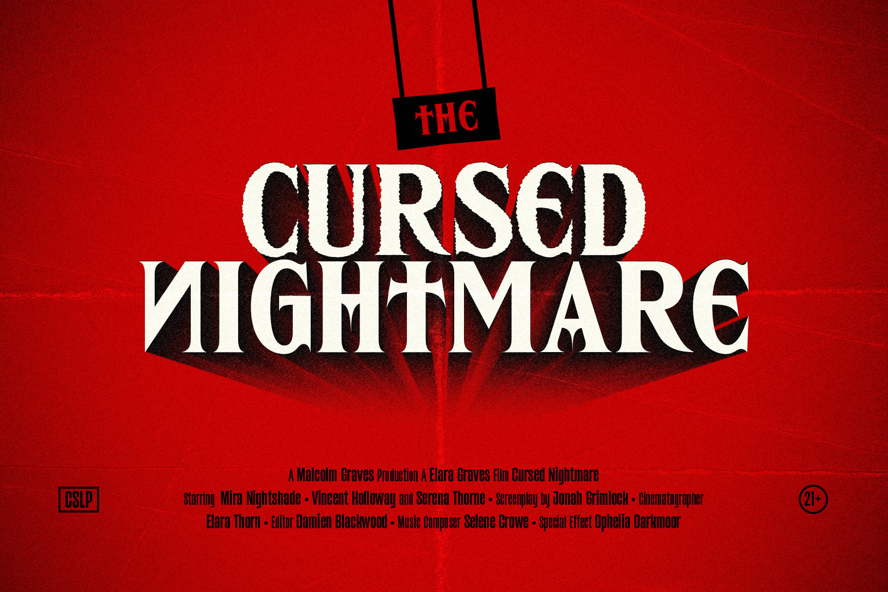 Vintage horror movie poster with bold white lettering on deep red background, hanging sign detail at top