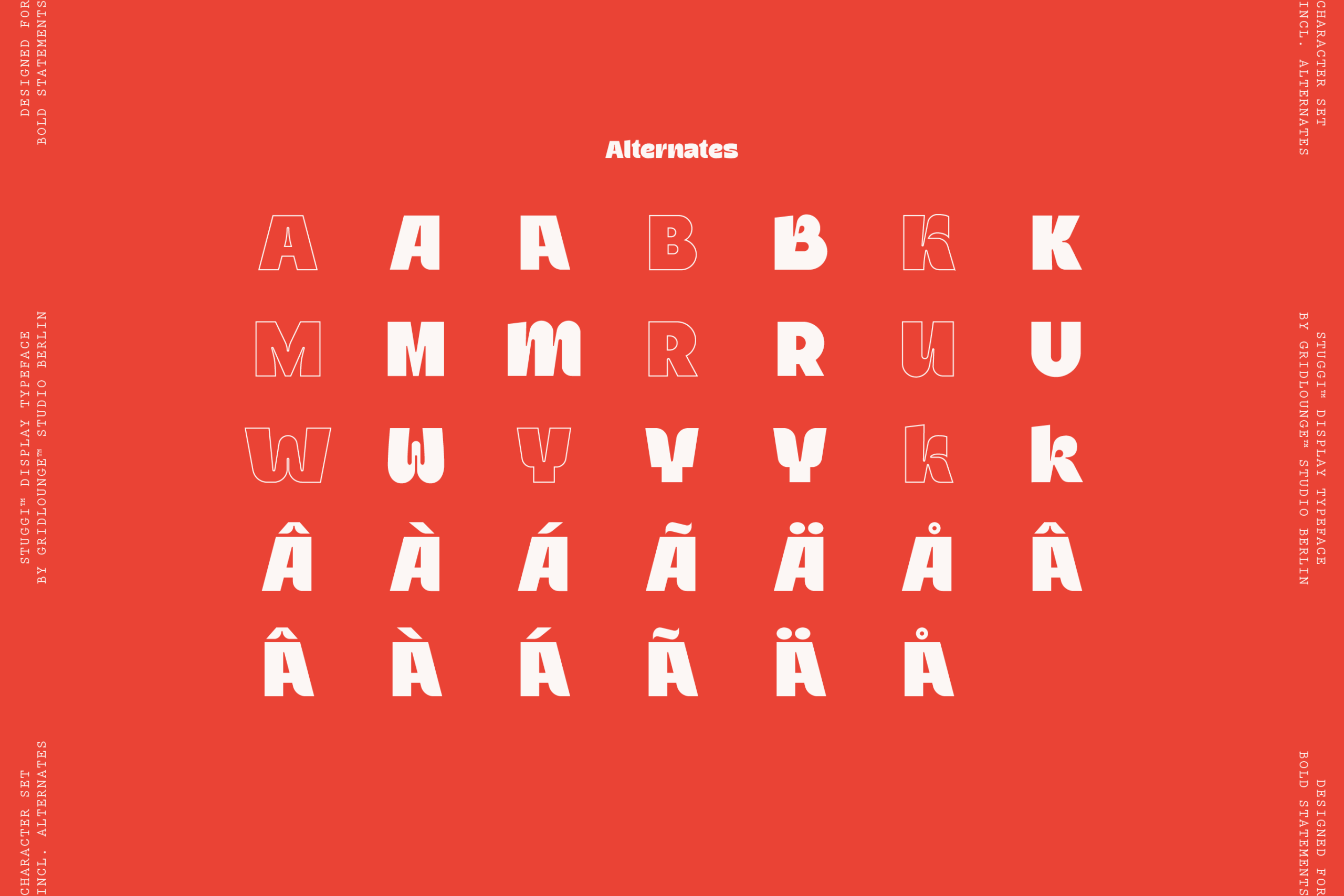 Bright red background showing font alternate characters with outlined, solid, plus filled letter styles