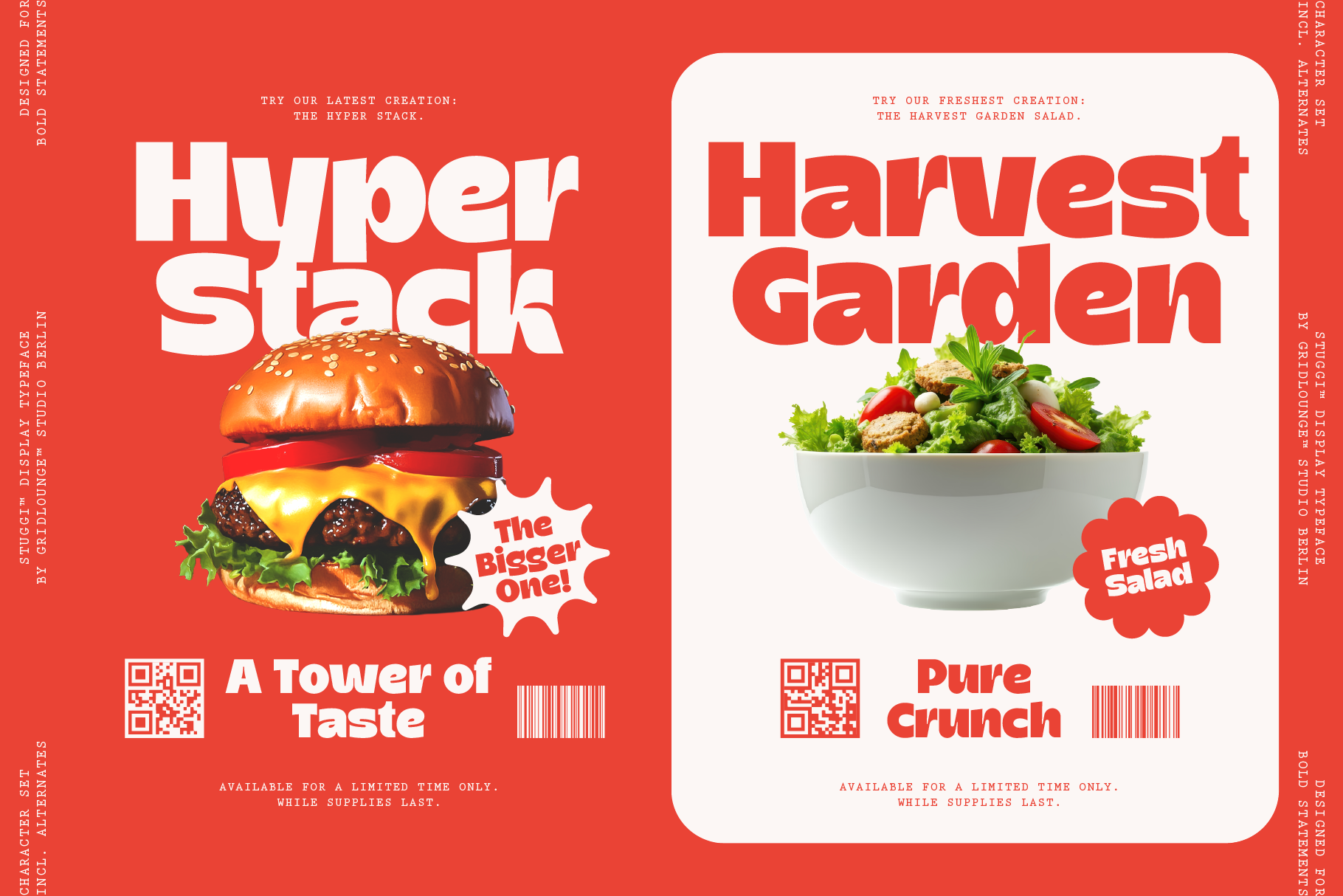 Retro food poster mockup with bold typography showing burger vs salad designs in red
