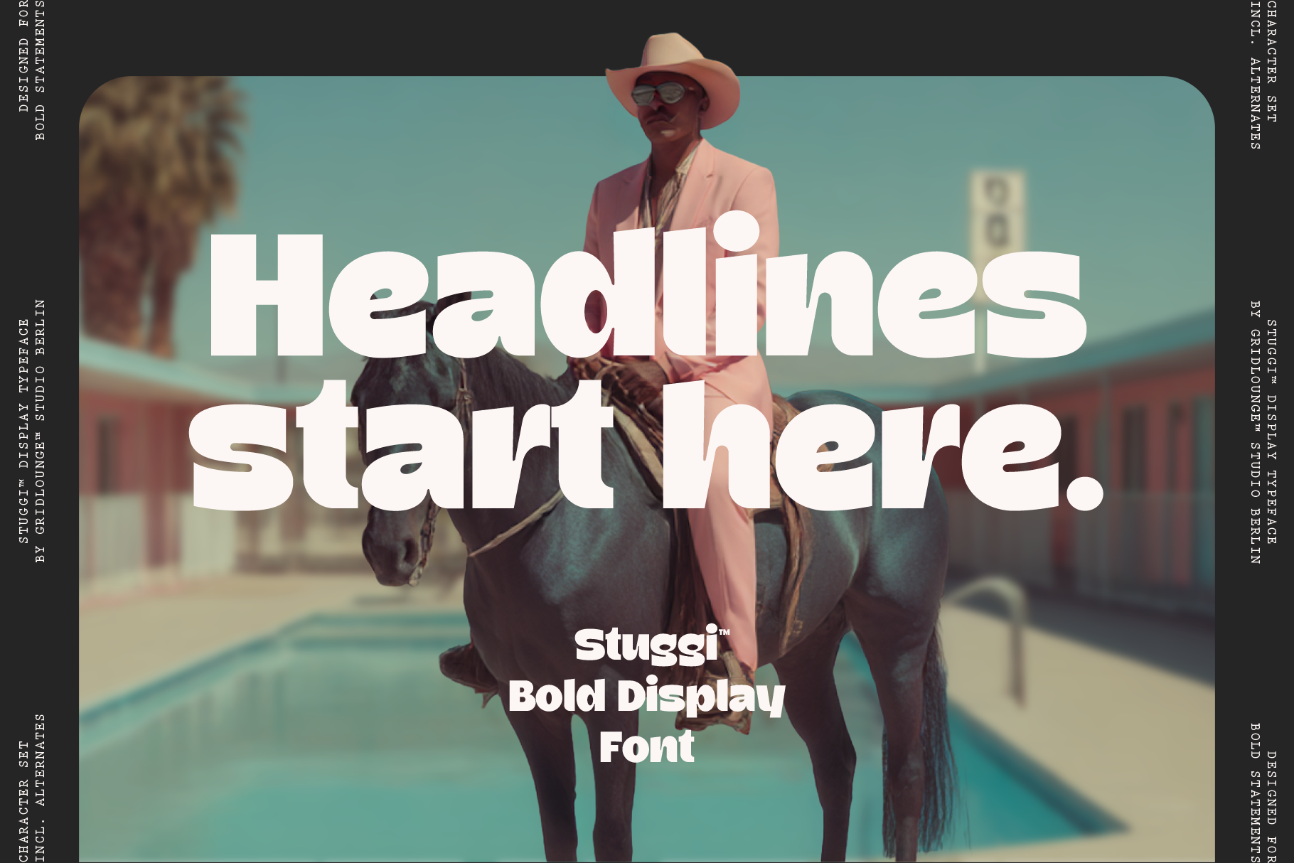 Stuggi Bold Display Font shown over retro western scene with man on horseback