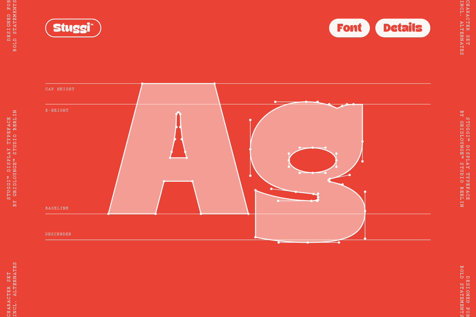 Stuggi font spec sheet showing typeface measurements with cap height, x-height, baseline guides on bright red background