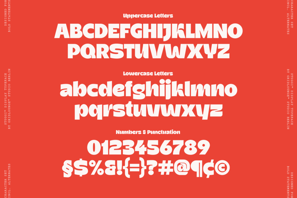 Bold sans serif font in white on red background showing full character set
