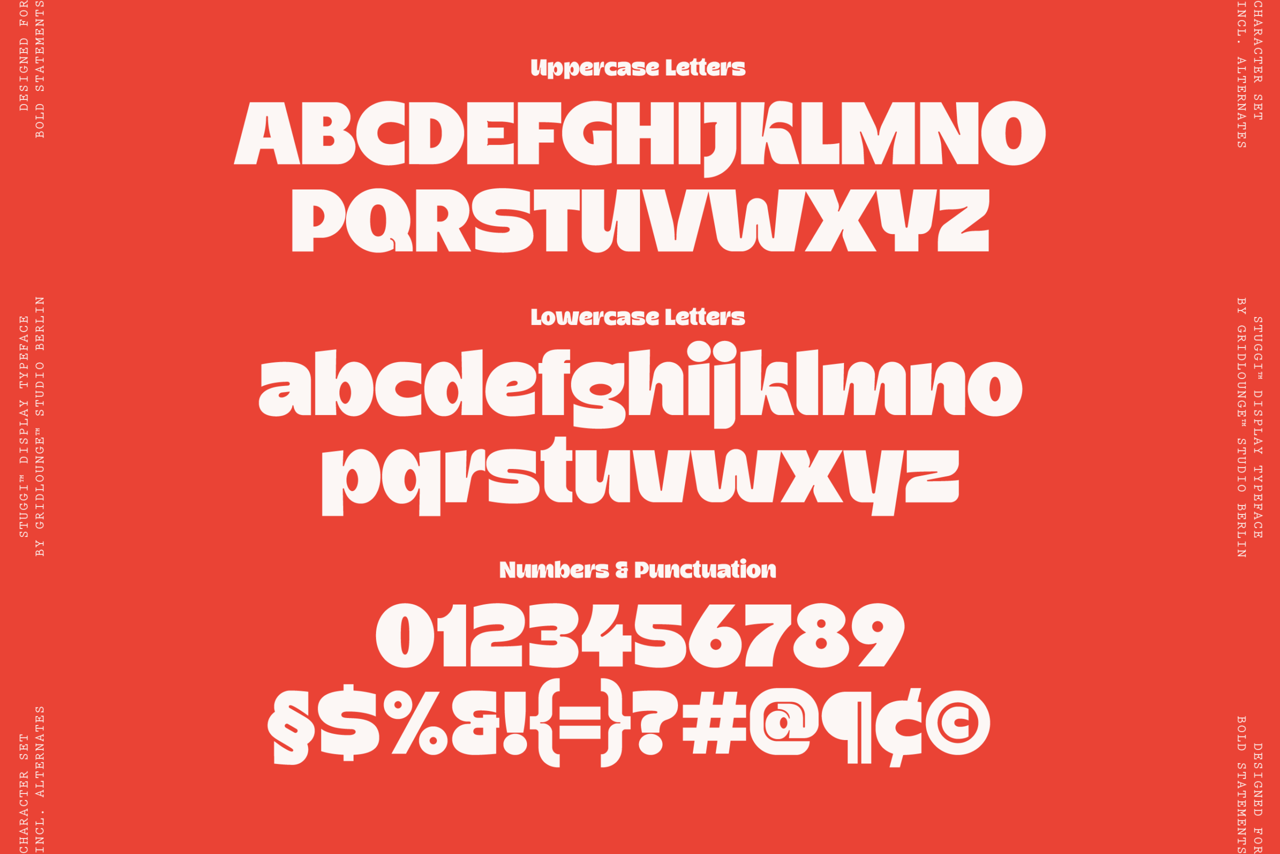 Bold sans serif font in white on red background showing full character set