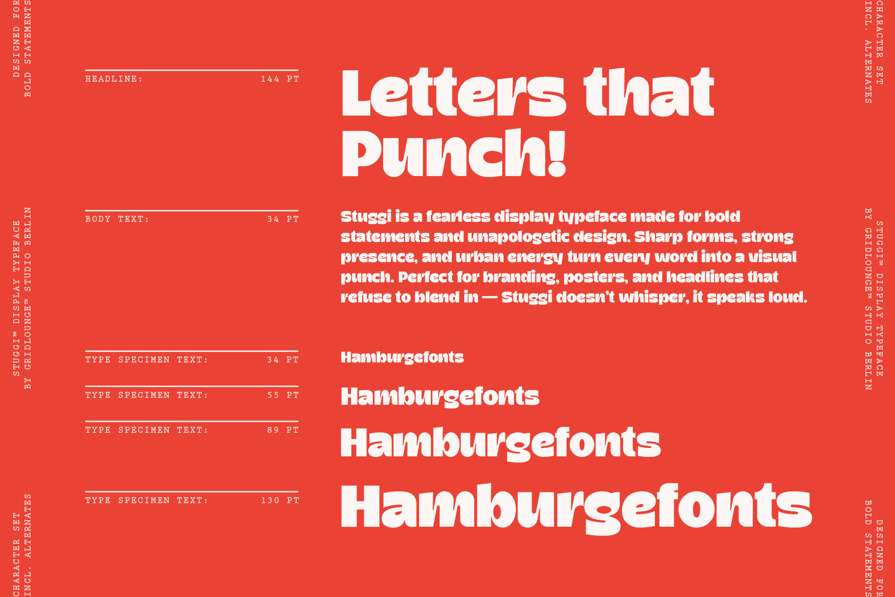Stuggi typeface specimen showing bold white letters on bright red background with size variations