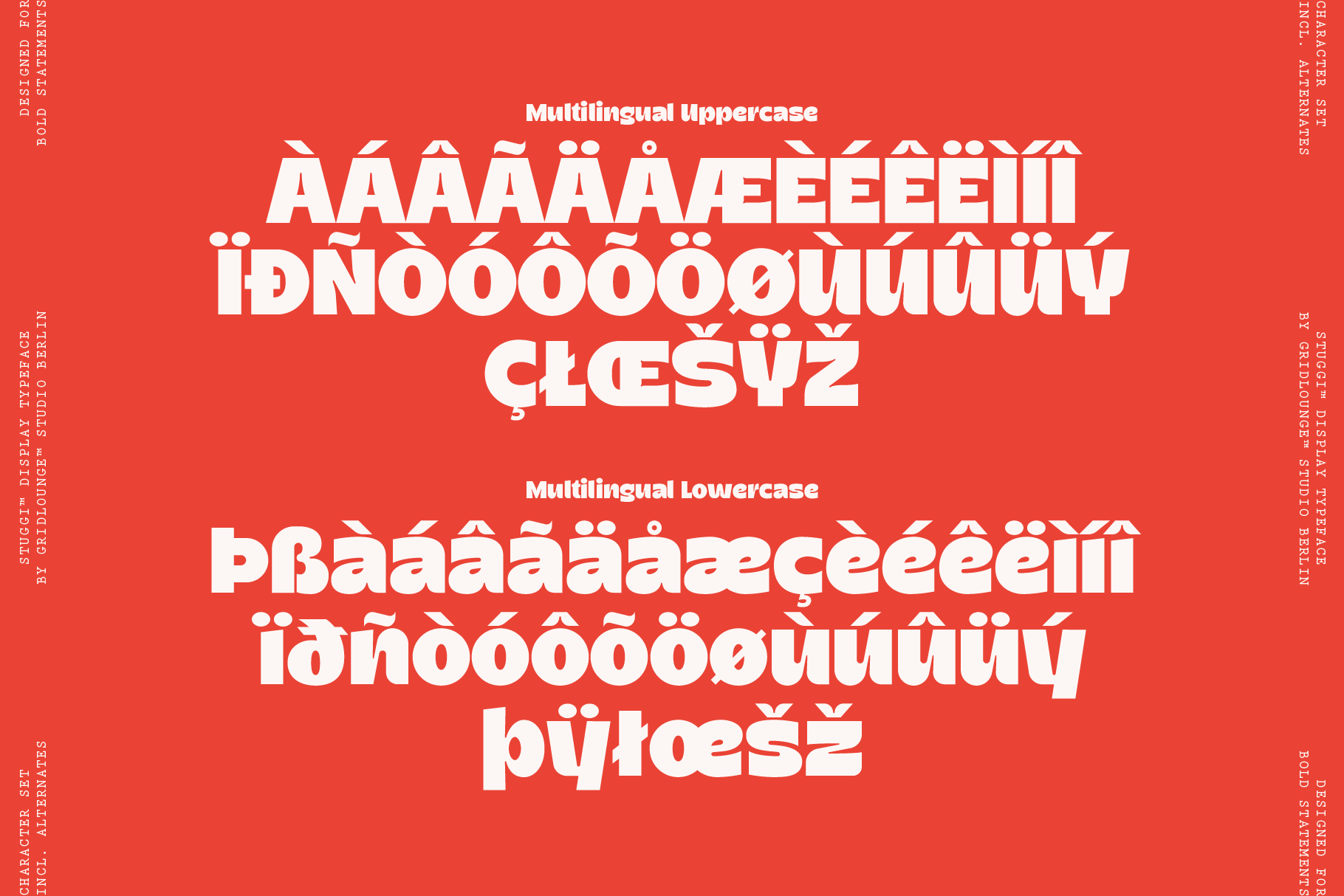 Bold sans serif font with multilingual characters on bright red background