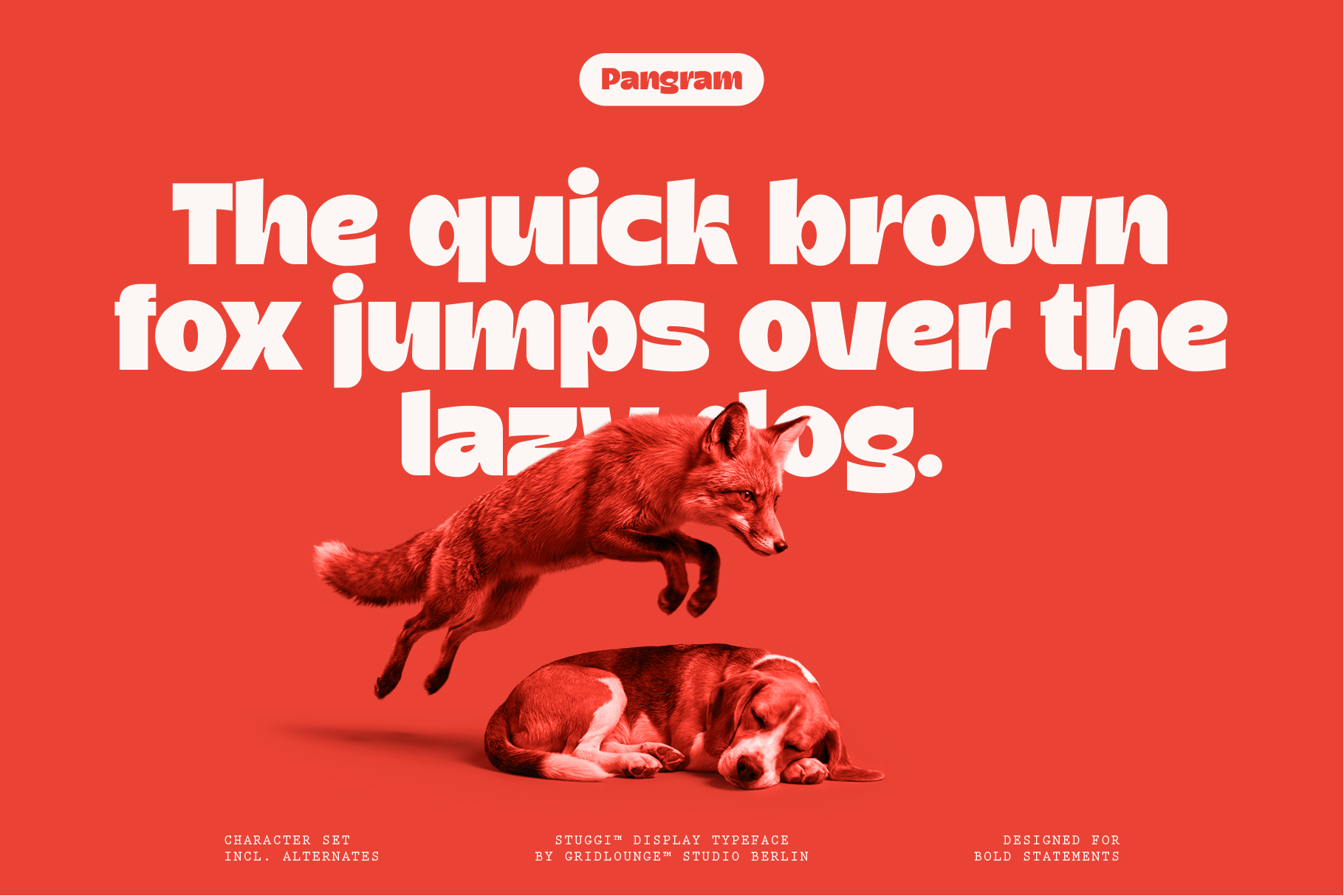 Pangram font display with fox jumping over lazy dog text on bright red background