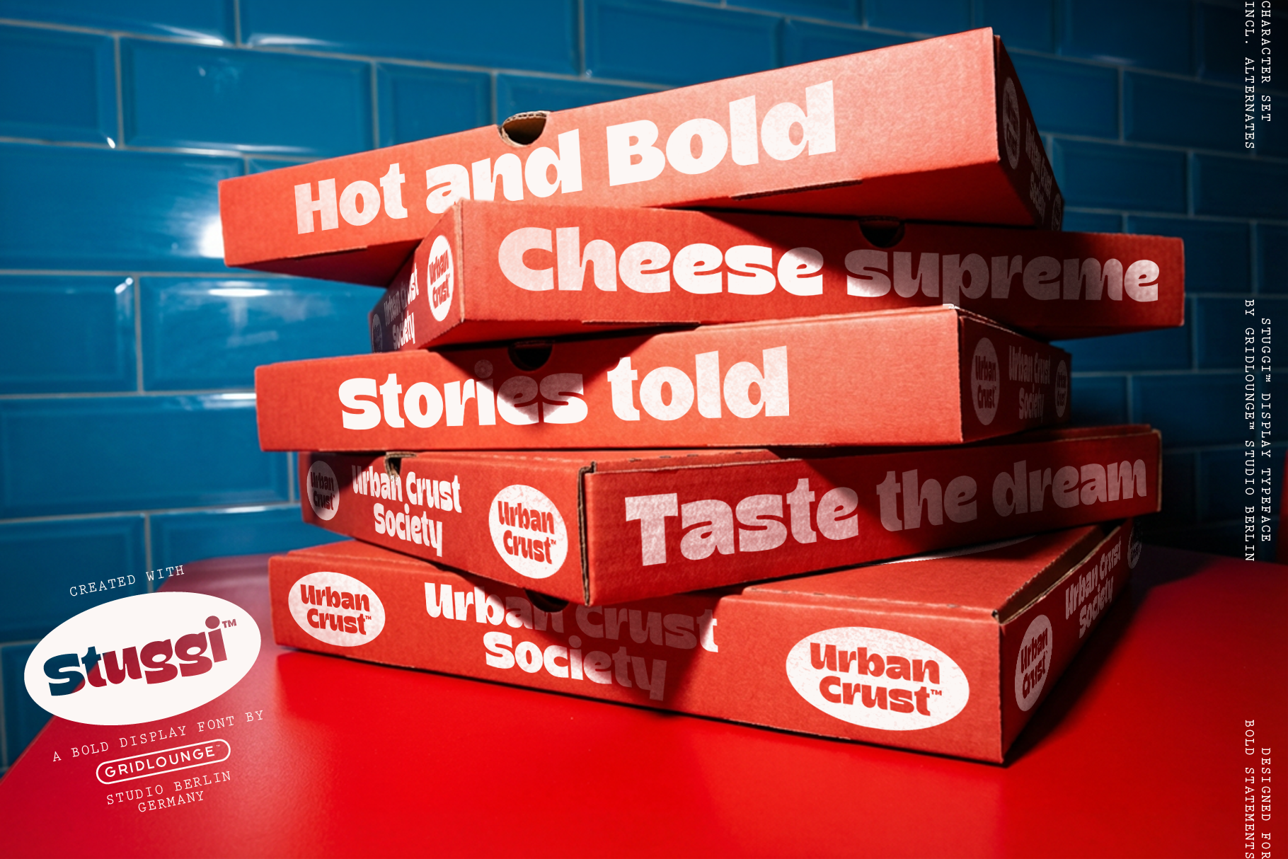 Stacked red pizza boxes with bold white typography against blue tile backdrop