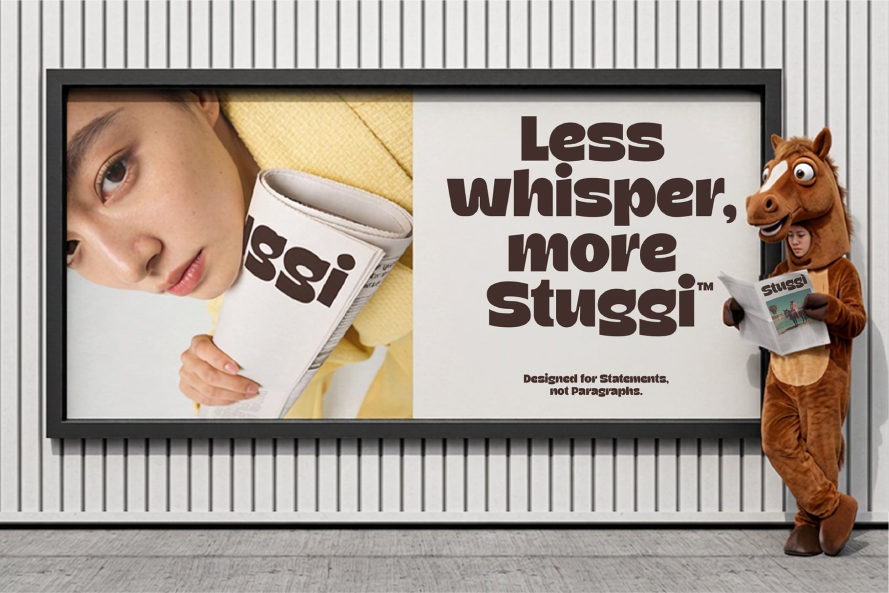 Billboard mockup showing coffee cup branding with mascot character on corrugated backdrop