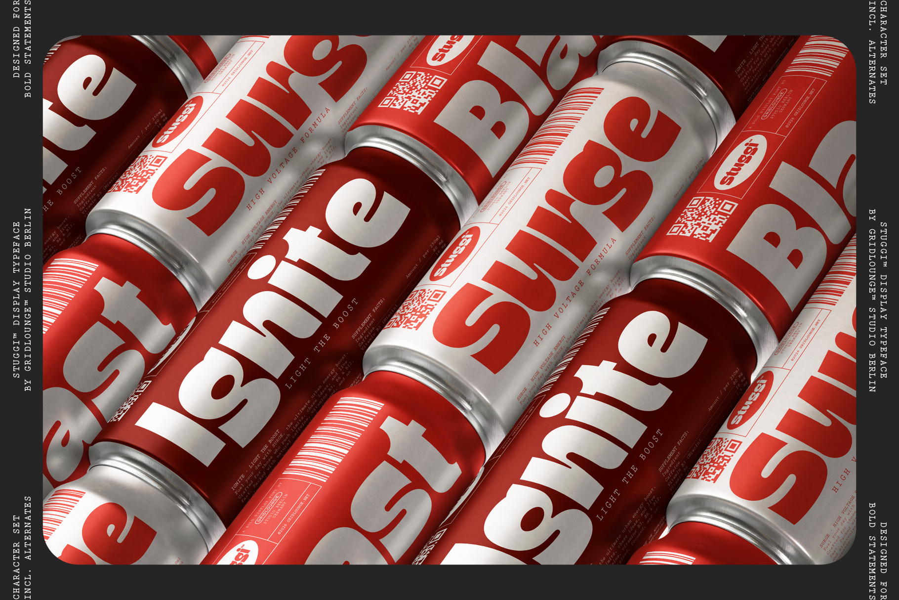 Beverage can mockup with red label displaying bold white typography, QR code, plus metallic aluminum finish