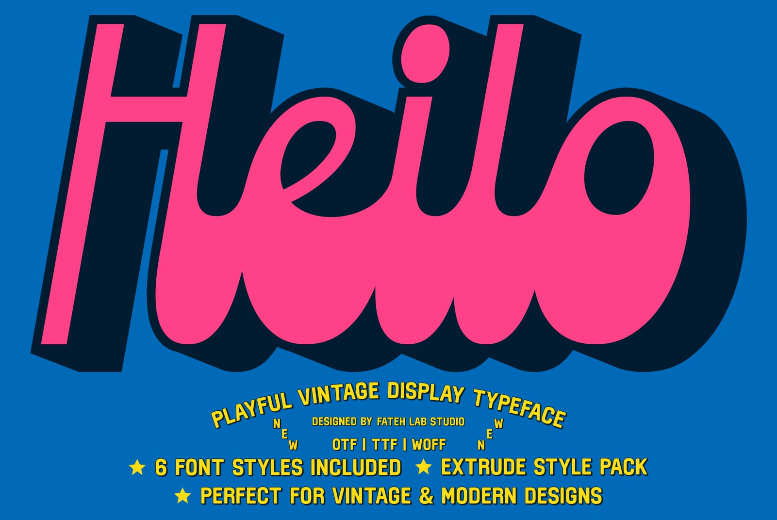Bold retro display typeface with bubbly letterforms in hot pink with dark outlines on blue background