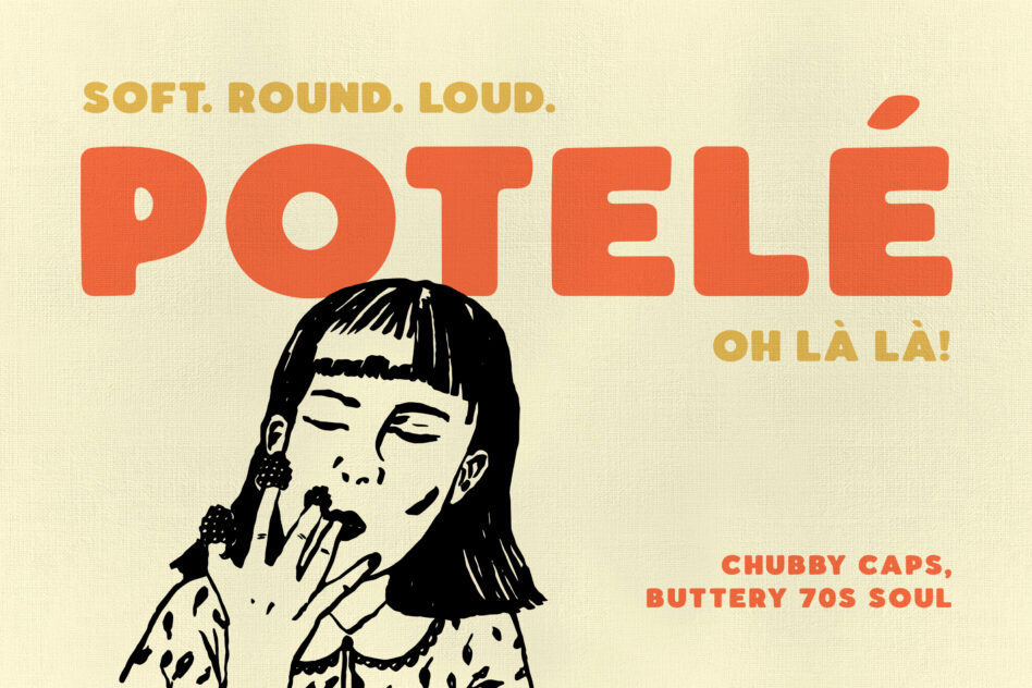 Retro poster with bold orange rounded typeface, illustrated woman with bangs, cream background, 70s vibes