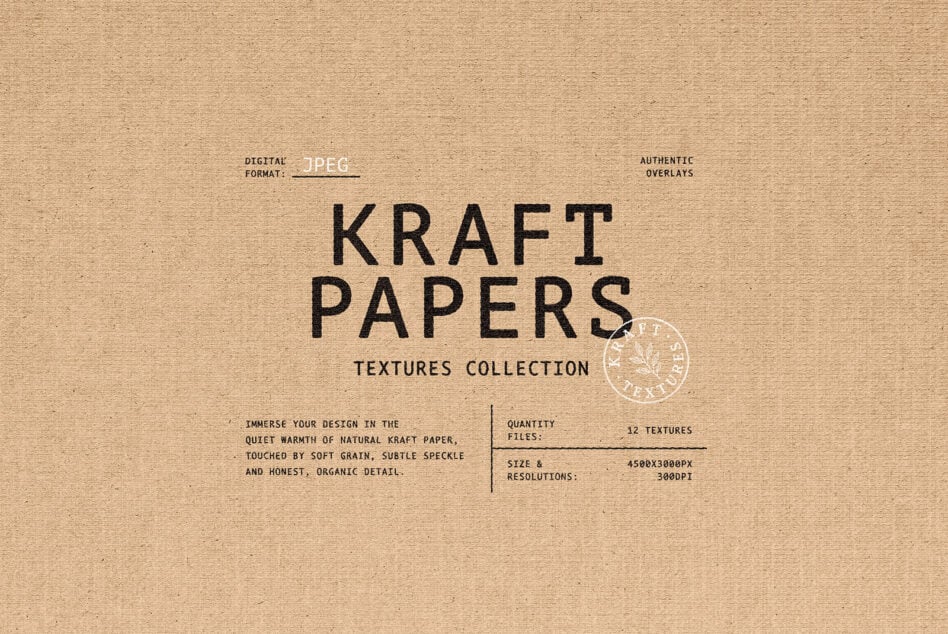 Kraft Papers Textures Collection showing 12 natural paper backgrounds with organic grain detail