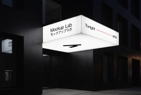 Glowing square storefront sign at night with Japanese text, minimalist logo, time display showing 9PM