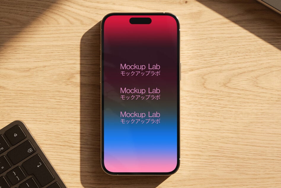 iPhone 14 Pro mockup with gradient screen displaying text in English with Japanese characters below