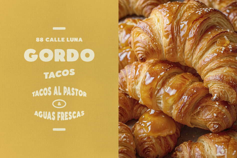 Gordo Tacos storefront mockup with golden yellow background, crispy croissants on right side