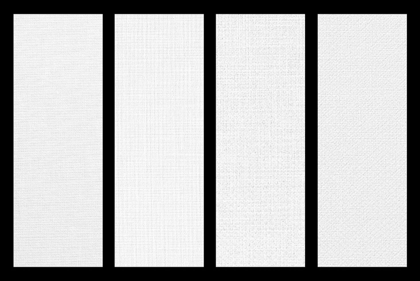 Four white fabric texture swatches showing different weave patterns in linen, canvas, burlap, cotton