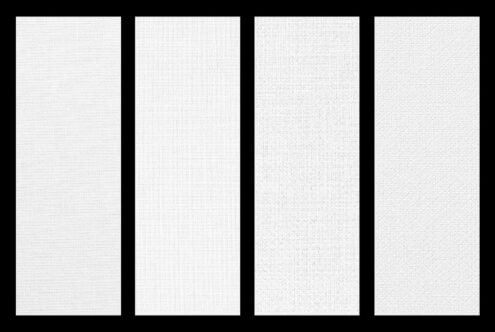 Four white fabric texture swatches showing different weave patterns in linen, canvas, burlap, cotton