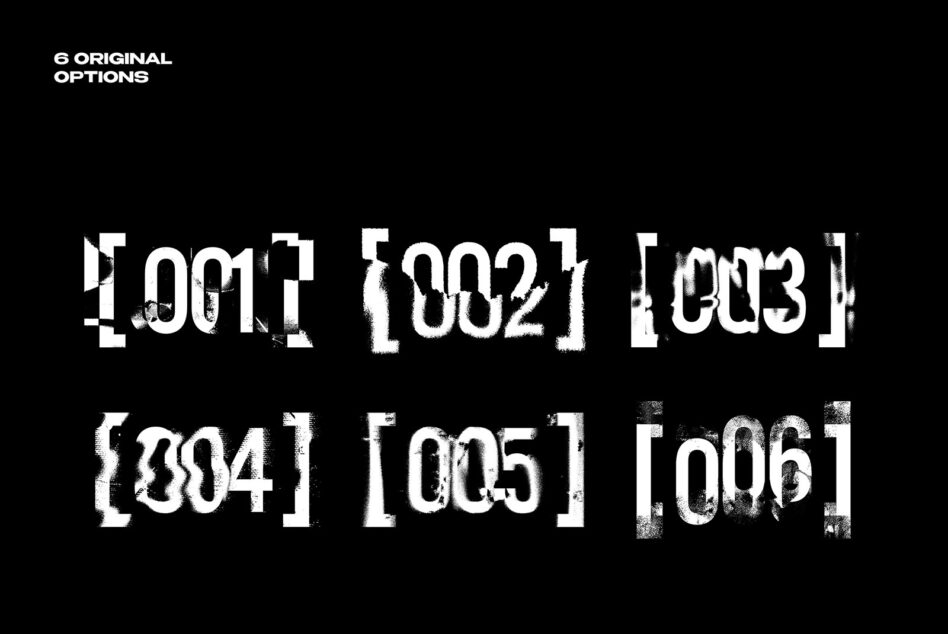 Six distressed number overlays with grungy texture on black background