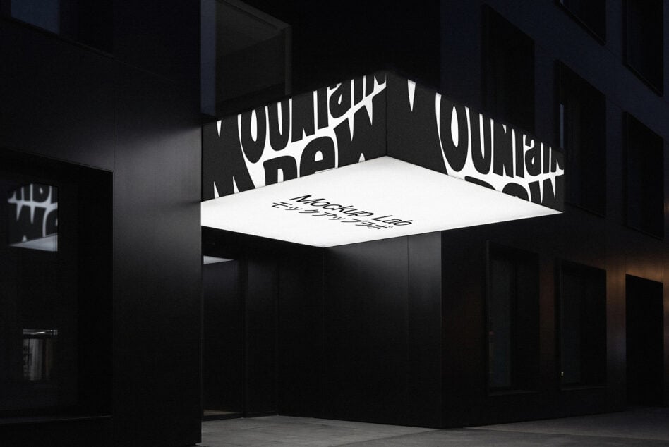 Glowing storefront sign mockup at night with custom text on illuminated ceiling panel