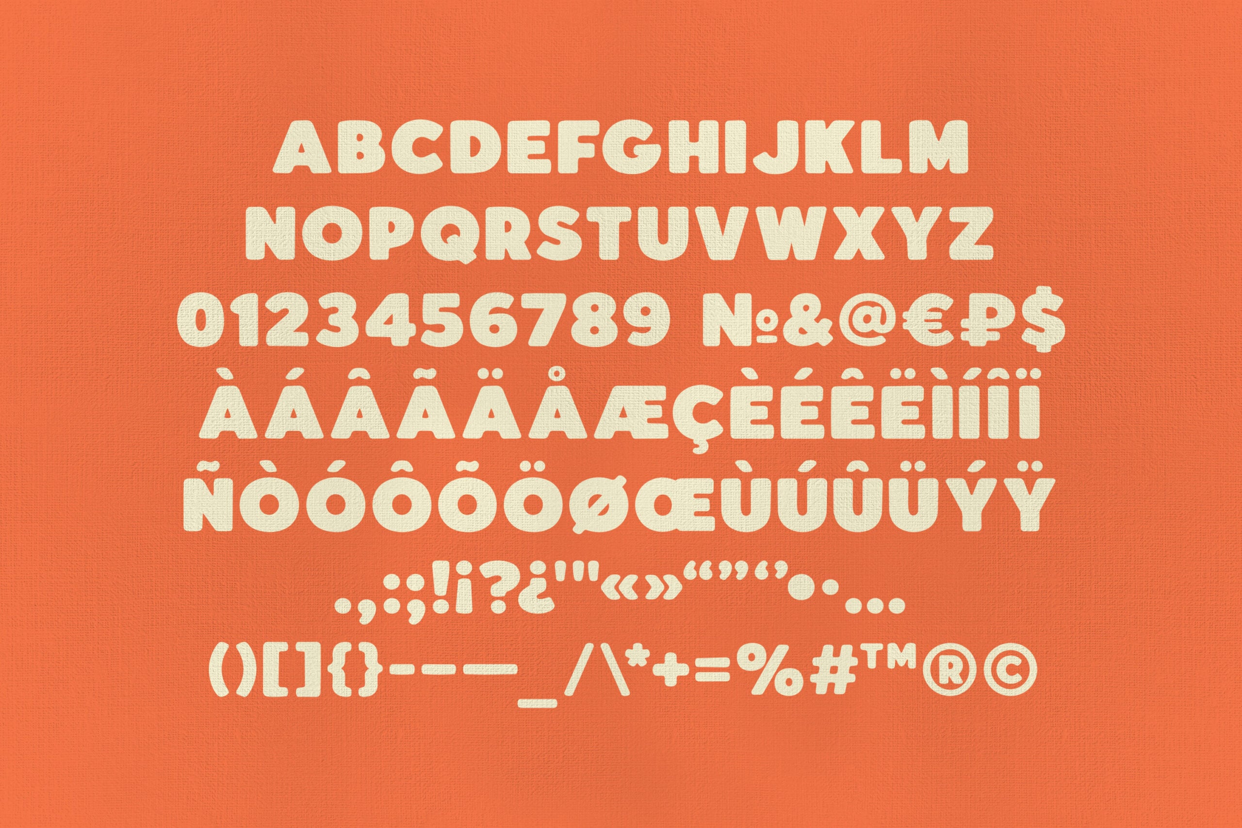 Bold cream typeface on burnt orange showing full character set with accents, numbers, symbols